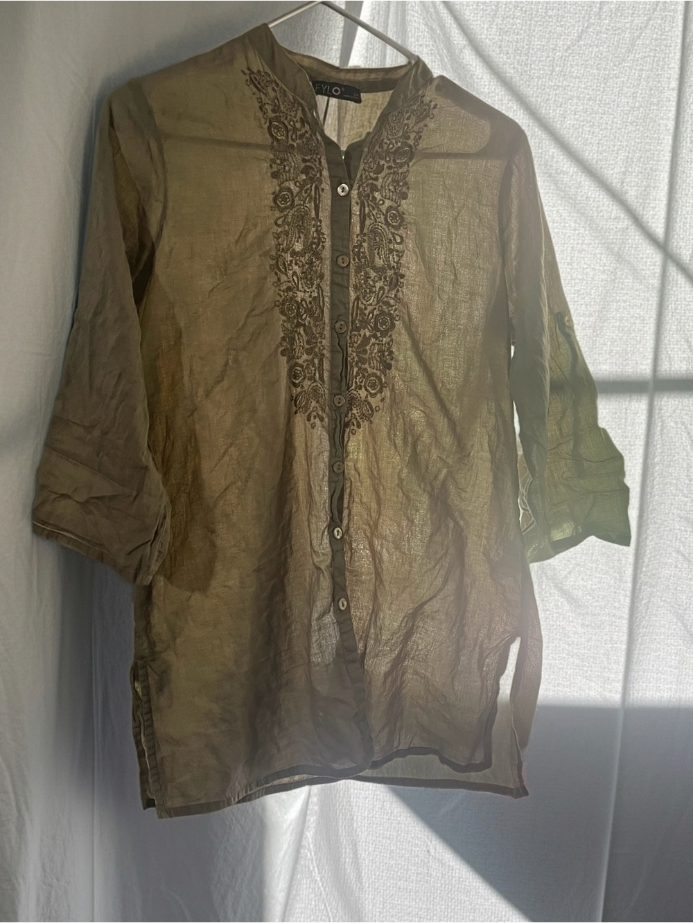 Women’s Olive Embroidered Button-Down Shirt by Vio